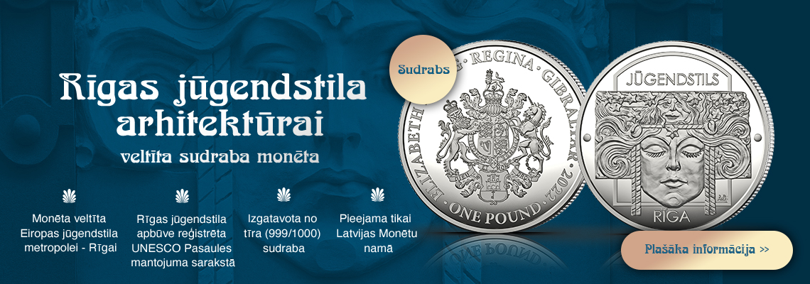 Rīgas jūgendstila arhitektūrai veltīta sudraba monēta