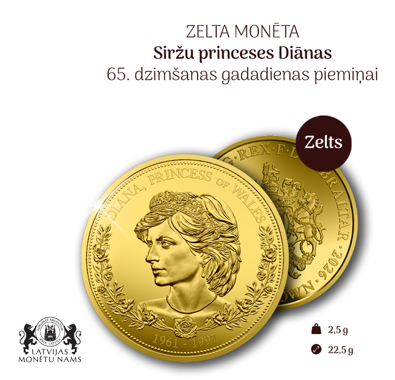 Zelta monēta princeses Diānas 65. dzimšanas gadadienas piemiņai
