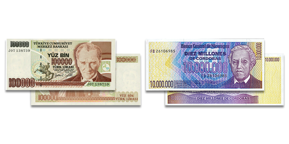 Nikaragvas 100 miljonu kordobu un Turcijas 100 000 liru banknotes