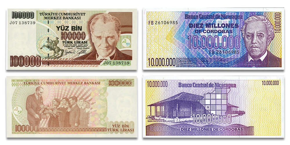 Nikaragvas 100 miljonu kordobu un Turcijas 100 000 liru banknotes1
