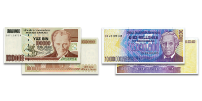Nikaragvas simts miljonu kordobu un Turcijas simts tūkstošu liru banknotes