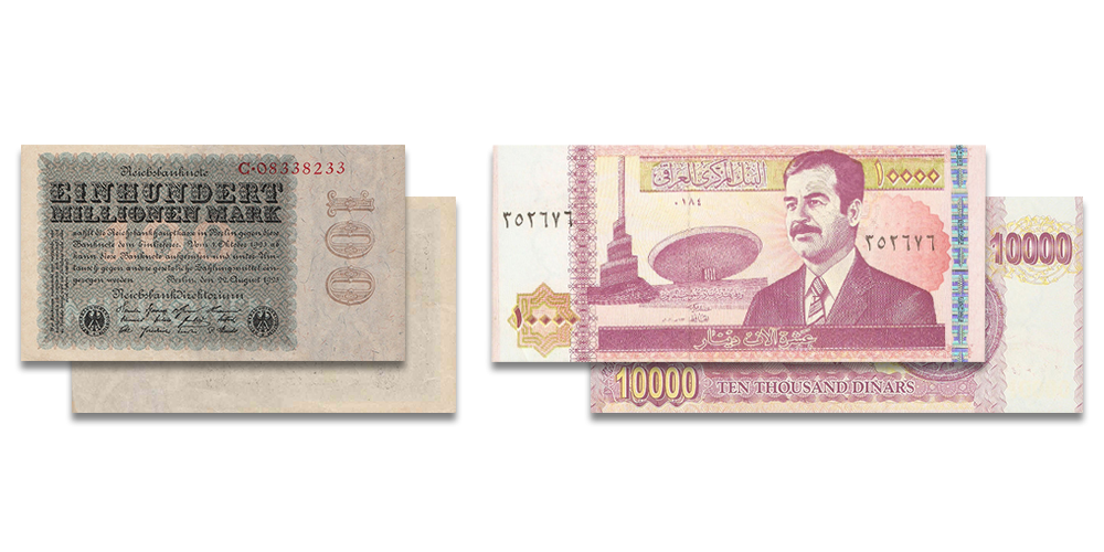 Vācijas simts miljonu marku un Irākas simts tūkstošu dināru banknotes