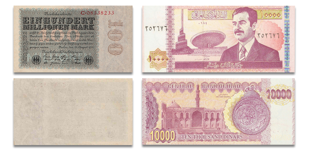 Vācijas simts miljonu marku un Irākas simts tūkstošu dināru banknotes1
