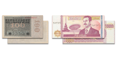 Vācijas simts miljonu marku un Irākas simts tūkstošu dināru banknotes