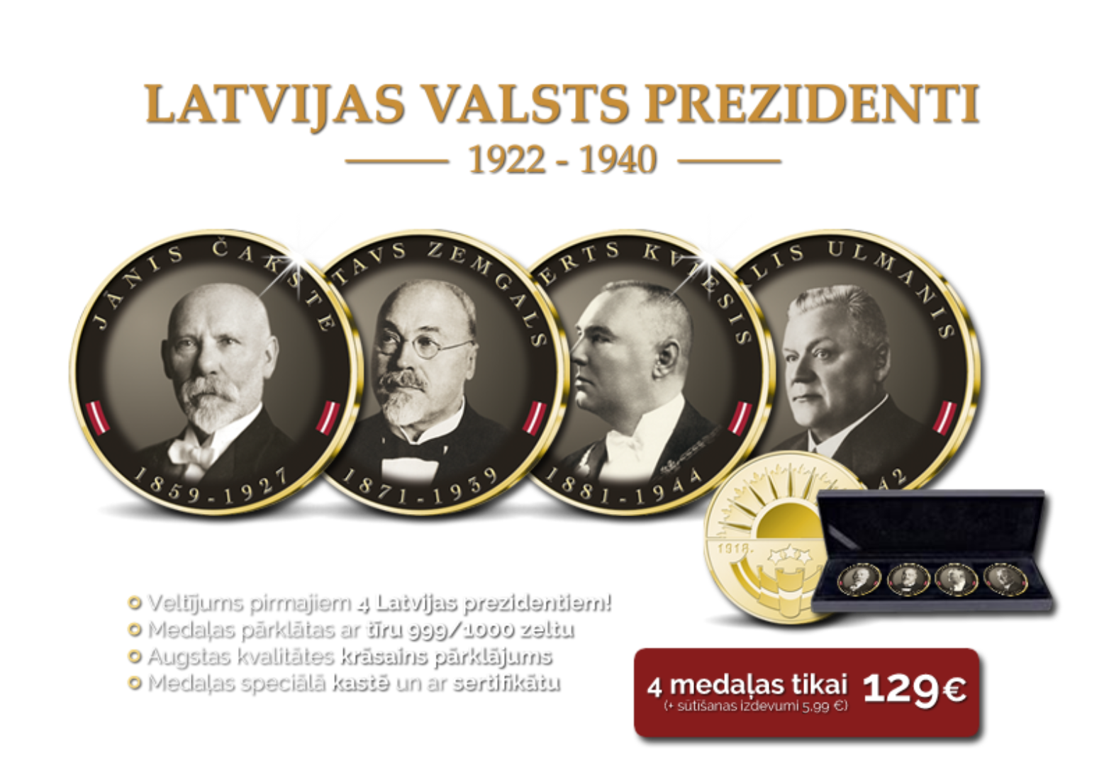 Apzeltītu medaļu komplekts „Latvijas Valsts prezidenti 1922–1940”