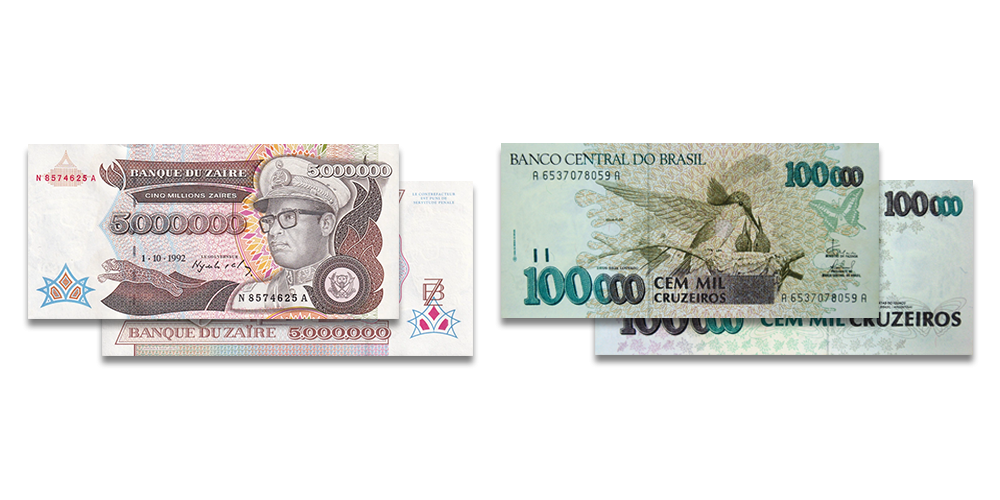Zairas 5 miljonu zairu un Brazīlijas 100 tūkstošu kruizero banknotes