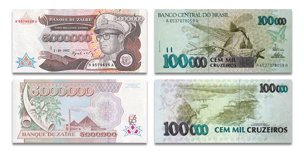 Zairas 5 miljonu zairu un Brazīlijas 100 tūkstošu kruizero banknotes1