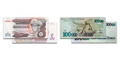 Zairas piecu miljonu zairu un Brazīlijas simts tūkstošu kruizero banknotes