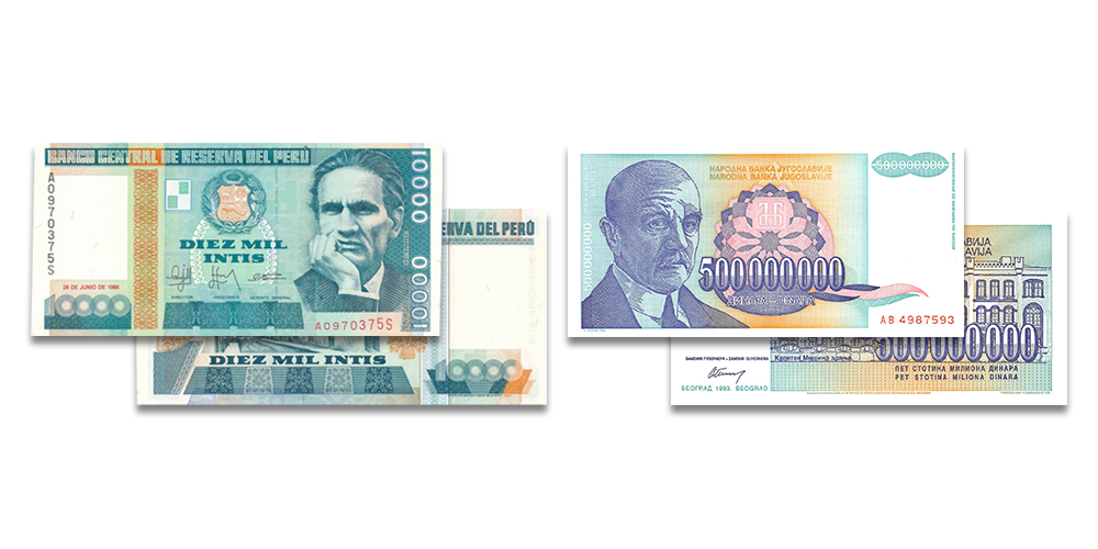 Dienvidslāvijas 500 miljoni dināru un Peru 10 000 intu banknotes