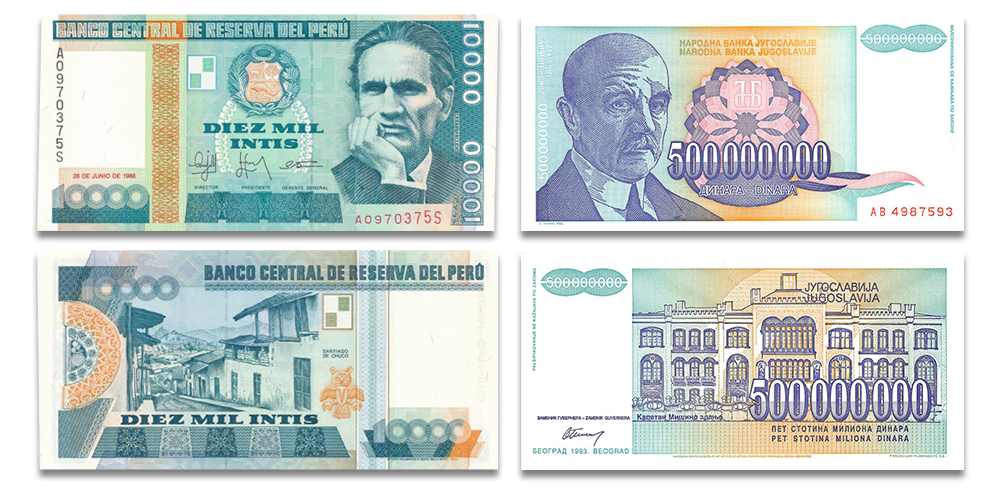 Dienvidslāvijas 500 miljoni dināru un Peru 10 000 intu banknotes1