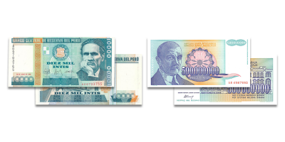 Dienvidslāvijas piecsimt miljoni dināru un Peru desmit tūkstoš intu banknotes