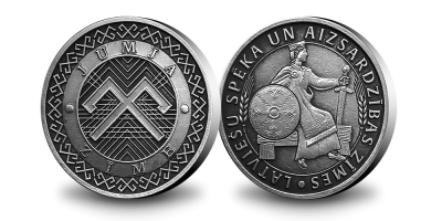 Apsudrabota medaļa ar senlatviešu labklājības un pārticības simbolu – “Jumja zīme”