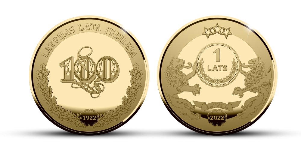 Apzeltīta Latvijas lata 100. jubilejas medaļa