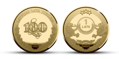 Apzeltīta Latvijas lata 100. jubilejas medaļa