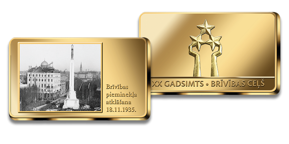 Apzeltīts numismātikas izstrādājums “Brīvības pieminekļa atklāšana”