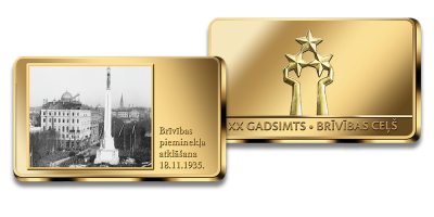 Apzeltīts numismātikas izstrādājums “Brīvības pieminekļa atklāšana”