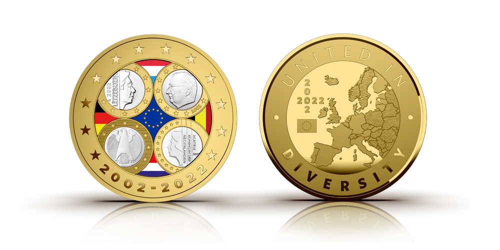 Medaļa – „Beļģijas, Nīderlandes, Vācijas un Luksemburgas pirmās eiro monētas“