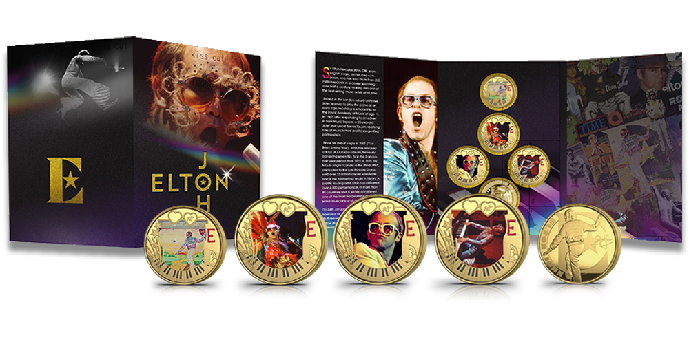 Monētu komplekts, kas veltīts popmūzikas leģendai – seram Eltonam Džonam
