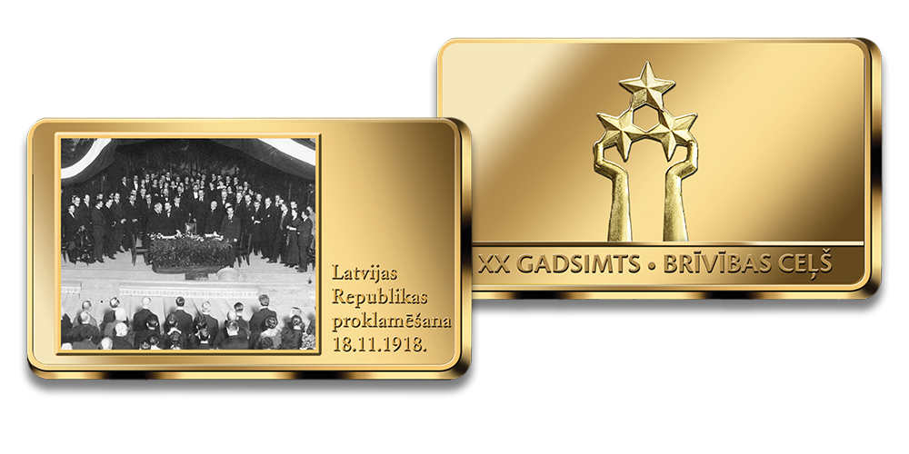 Apzeltīts numismātikas izstrādājums „Latvijas Republikas proklamēšana. 1918. gada 18. novembris“