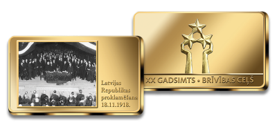 Apzeltīts numismātikas izstrādājums „Latvijas Republikas proklamēšana. 1918. gada 18. novembris“