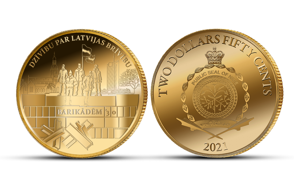 Tīra zelta monēta „Janvāra barikāžu 30. gadadiena” Tīra zelta monēta „Janvāra barikāžu 30. gadadiena”