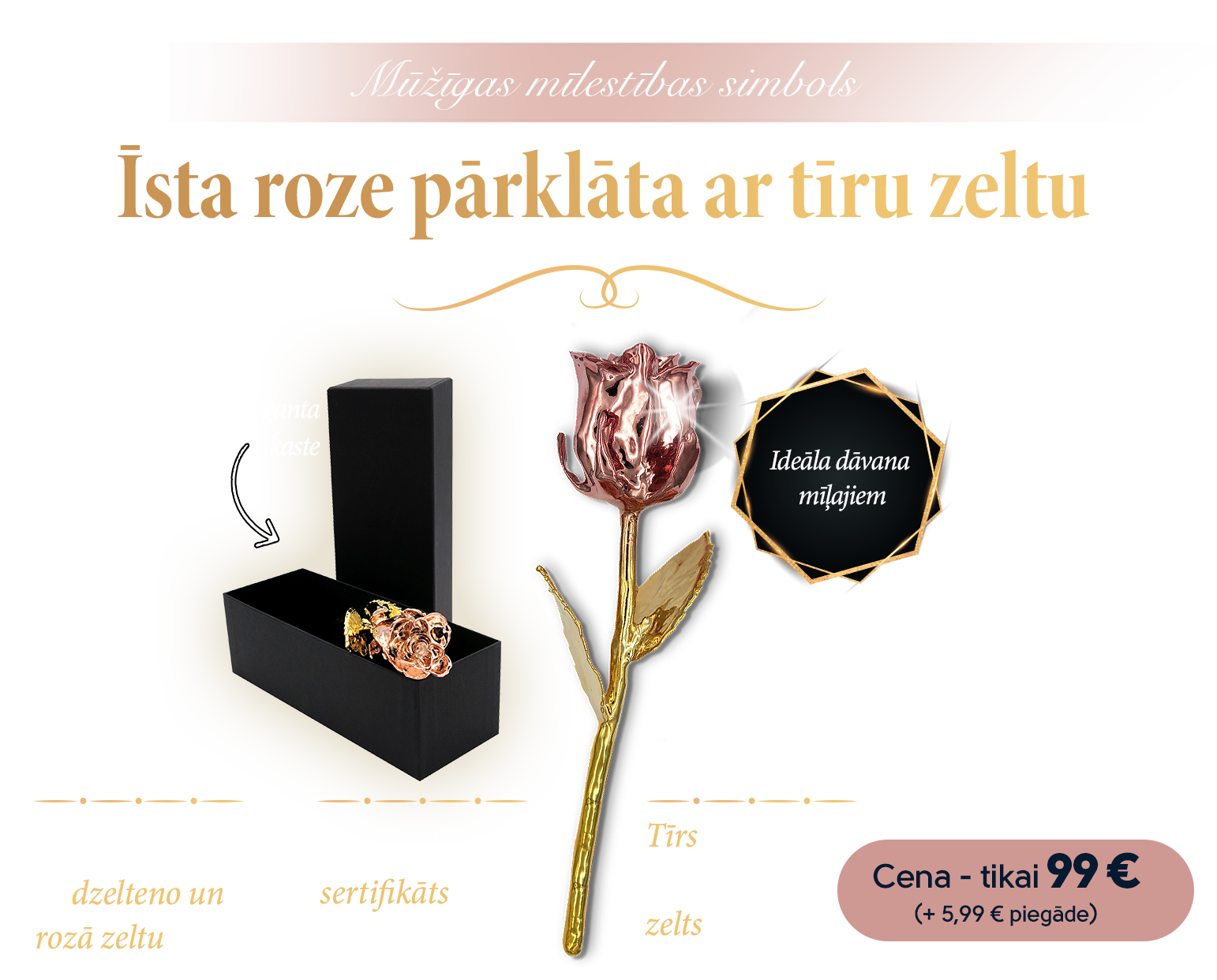 Īsta roze ar tīra dzeltenā un rozā zelta pārklājumu 