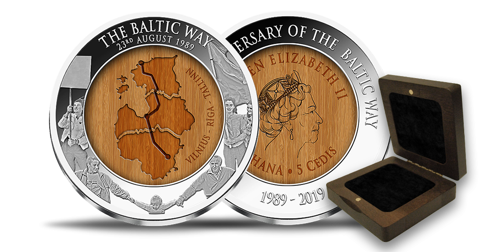 Tīra sudraba monēta „Baltijas ceļam – 30 gadi“ Tīra sudraba monēta „Baltijas ceļam – 30 gadi“