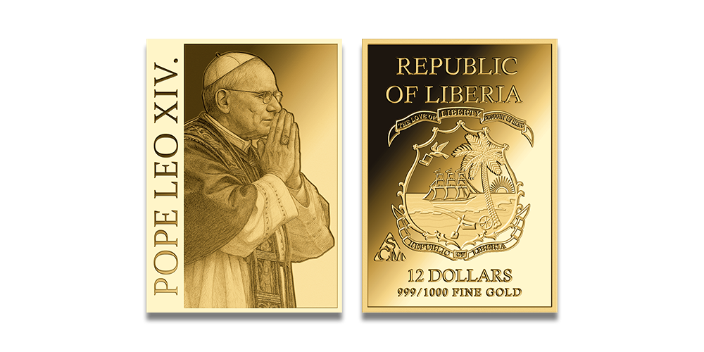 Tīra zelta monēta, kas veltīta pāvestam Leonam XIV
