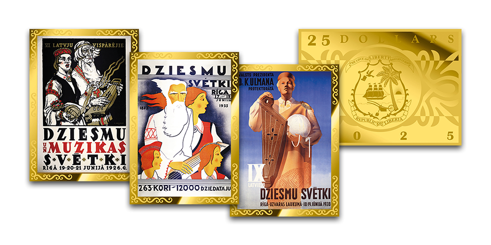 Zelta monētu komplekts “Latvijas pirmās brīvvalsts Dziesmu svētku plakāti”