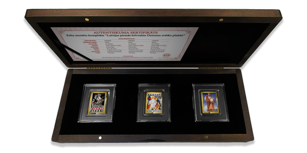 Zelta monētu komplekts “Latvijas pirmās brīvvalsts Dziesmu svētku plakāti”1