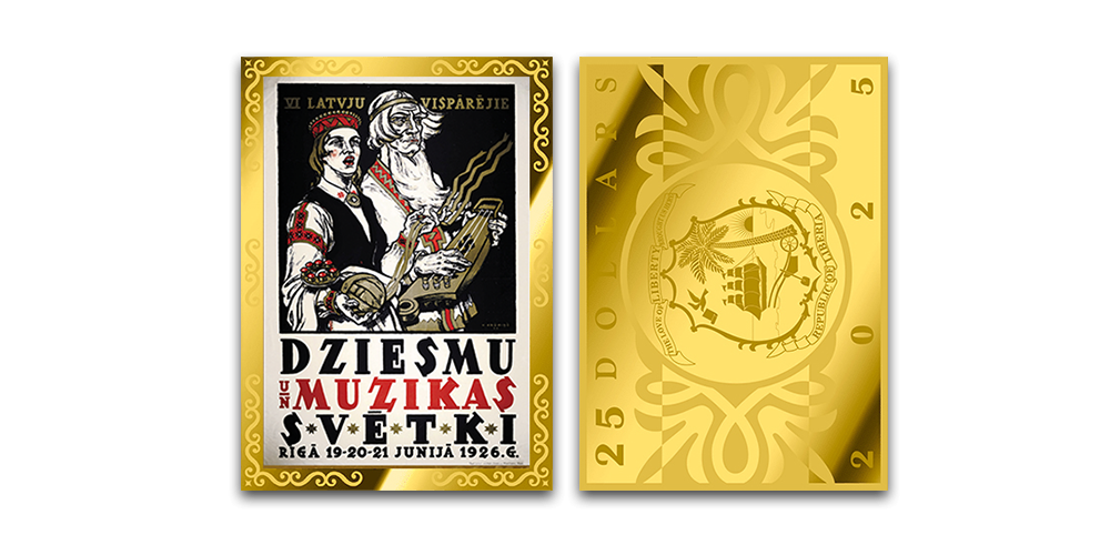 Zelta monētu komplekts “Latvijas pirmās brīvvalsts Dziesmu svētku plakāti”2