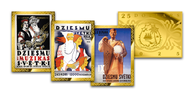 Zelta monētu komplekts “Latvijas pirmās brīvvalsts Dziesmu svētku plakāti”